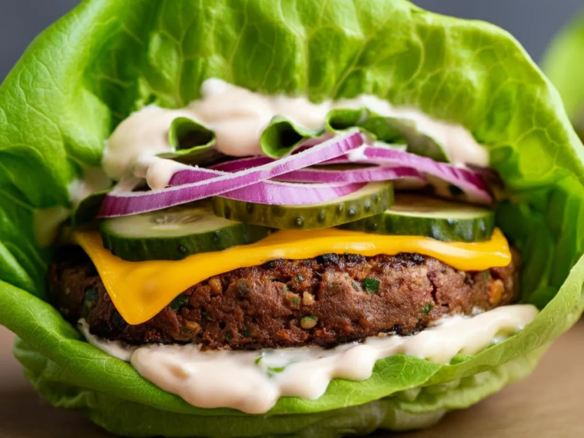 Light Carb Vegan Impossible Burger on Lettuce Wrap Light Carb Vegan Impossible Burger on Lettuce Wrap