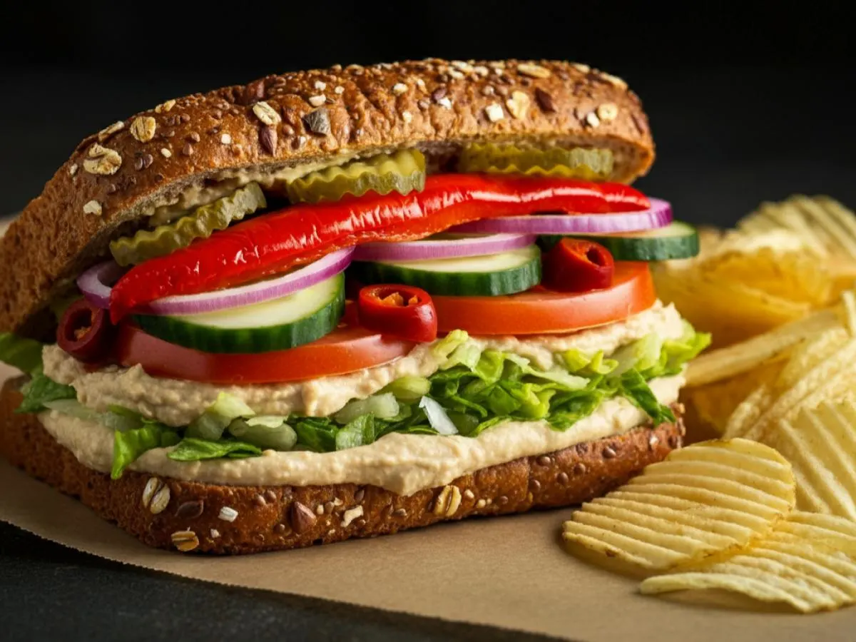 Vegan Sub on Whole Grain Wheat Bread with Lay's Classic Potato Chips Vegan Sub on Whole Grain Wheat Bread with Lay's Classic Potato Chips