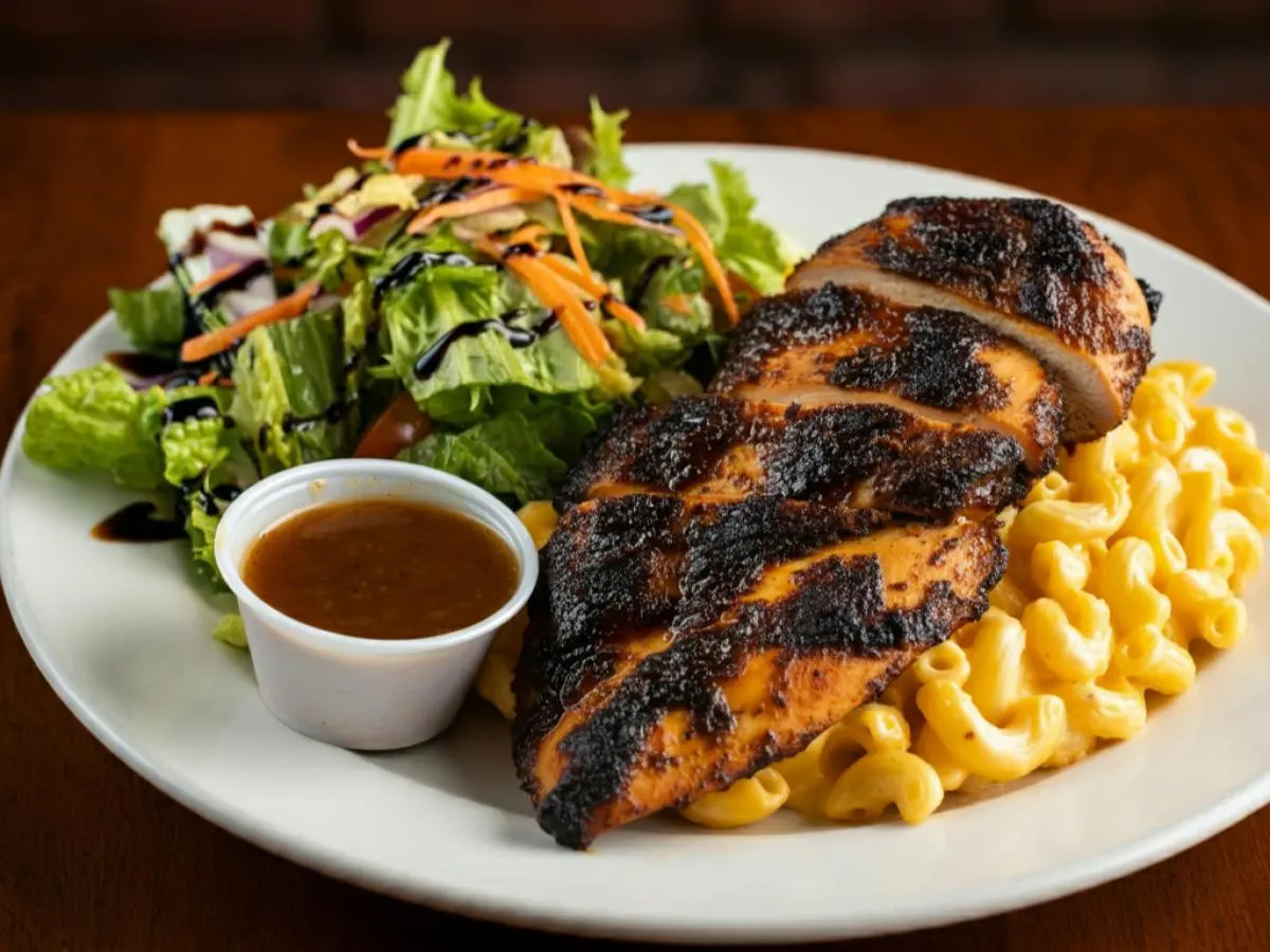 Jerk Chicken Breast, Mac & Cheese and Garden Salad Jerk Chicken Breast, Mac & Cheese and Garden Salad