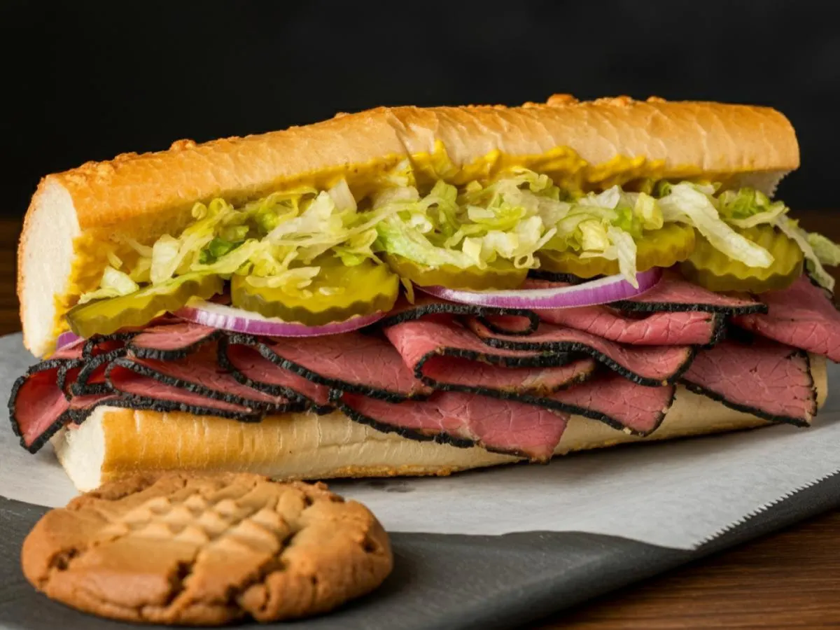 Hot Pastrami Sub on Parmesan Bread and a Peanut Butter Cookie (No Tomatoes) Hot Pastrami Sub on Parmesan Bread and a Peanut Butter Cookie (No Tomatoes)