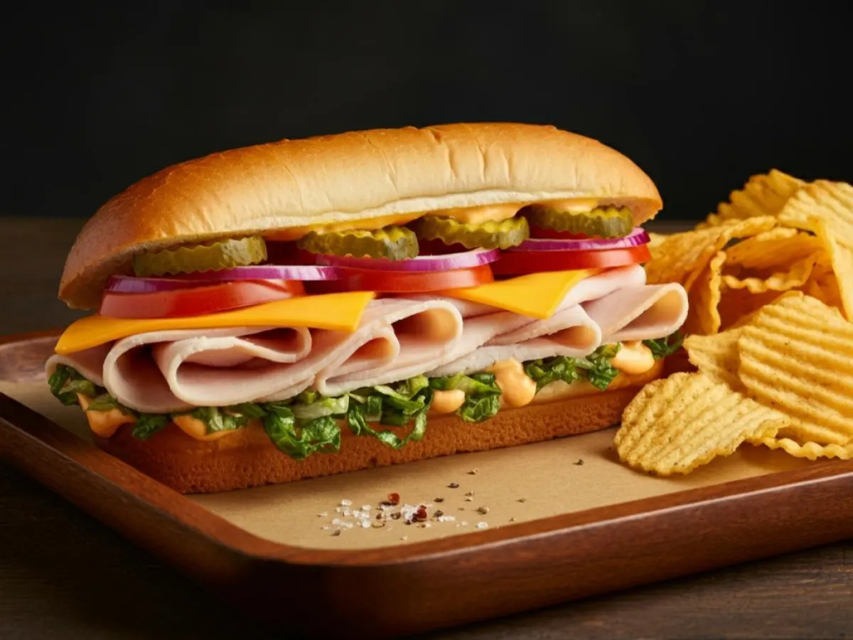Turkey and Cheddar Sub on White Bread with Harvest Cheddar Sun Chips Turkey and Cheddar Sub on White Bread with Harvest Cheddar Sun Chips