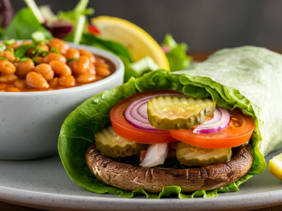 Vegan Portobello Mushroom Lettuce Wrap with Vegan Baked Beans and House Salad Vegan Portobello Mushroom Lettuce Wrap with Vegan Baked Beans and House Salad