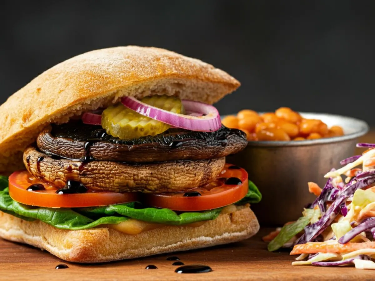 Portobello Mushroom Sandwich with Vegan Baked Beans and Coleslaw Portobello Mushroom Sandwich with Vegan Baked Beans and Coleslaw