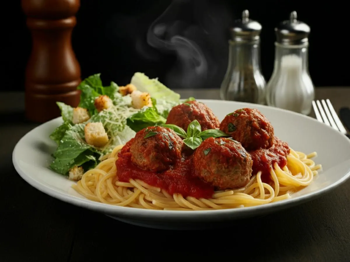 Spaghetti with Meatballs in Pomodoro Sauce with Caesar Salad Spaghetti with Meatballs in Pomodoro Sauce with Caesar Salad