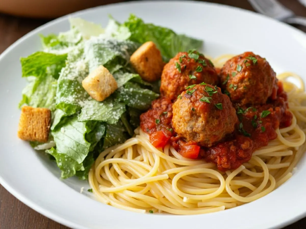 Spaghetti with Meatballs Bolognese Sauce with Caesar Salad Spaghetti with Meatballs Bolognese Sauce with Caesar Salad
