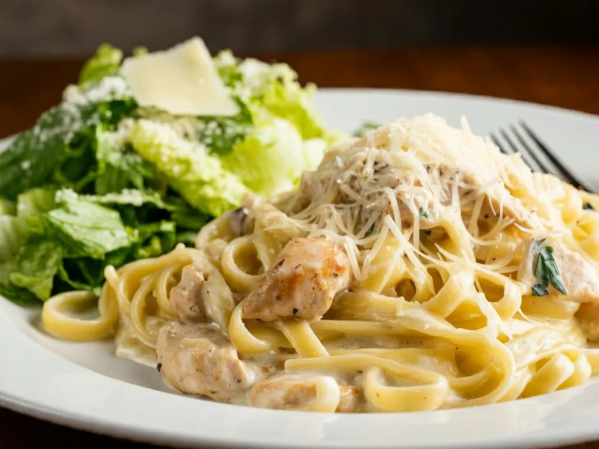Fettuccine Alfredo with Chicken with Caesar Salad Fettuccine Alfredo with Chicken with Caesar Salad