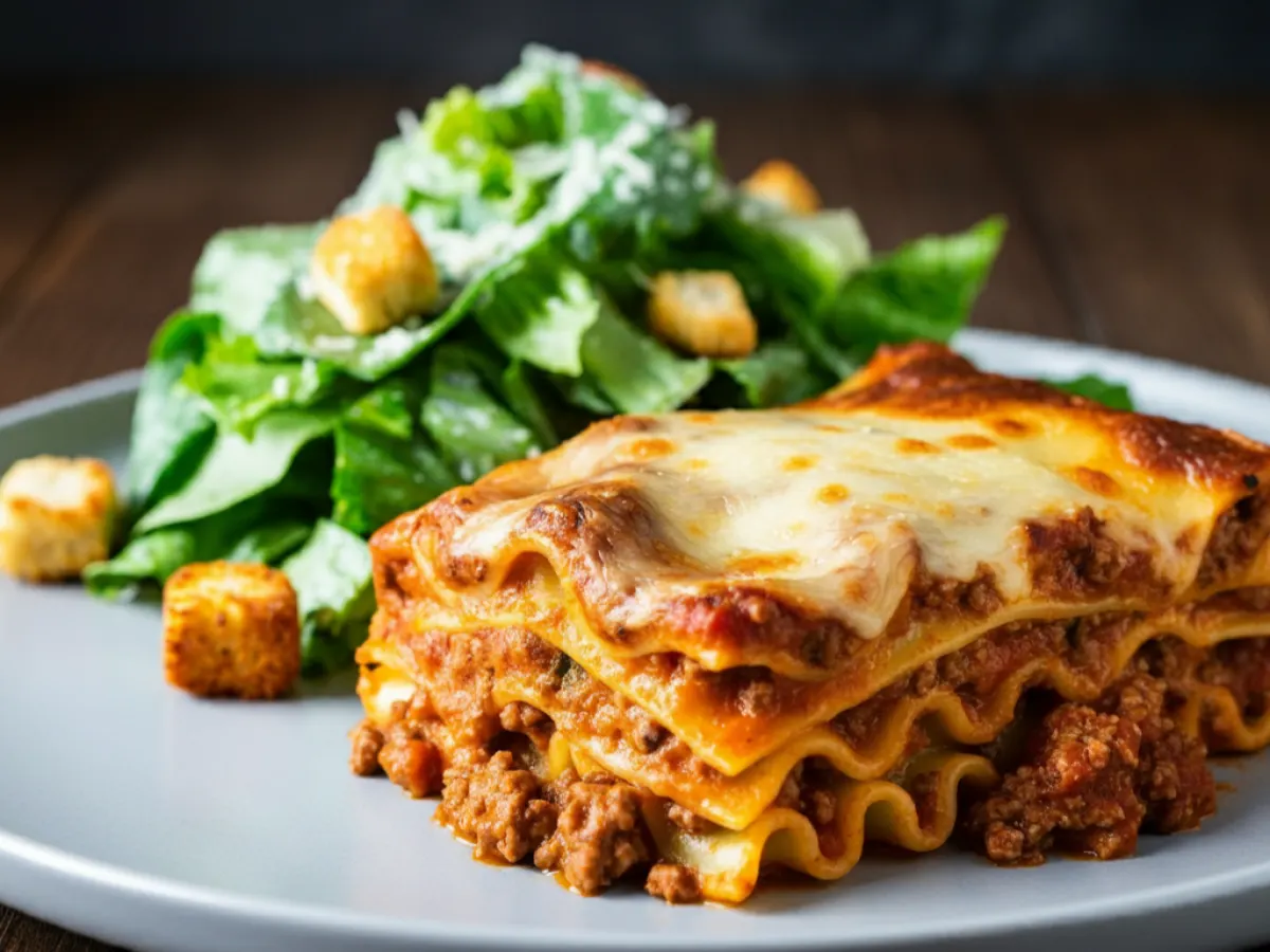 Lasagna Bolognese with Caesar Salad Lasagna Bolognese with Caesar Salad