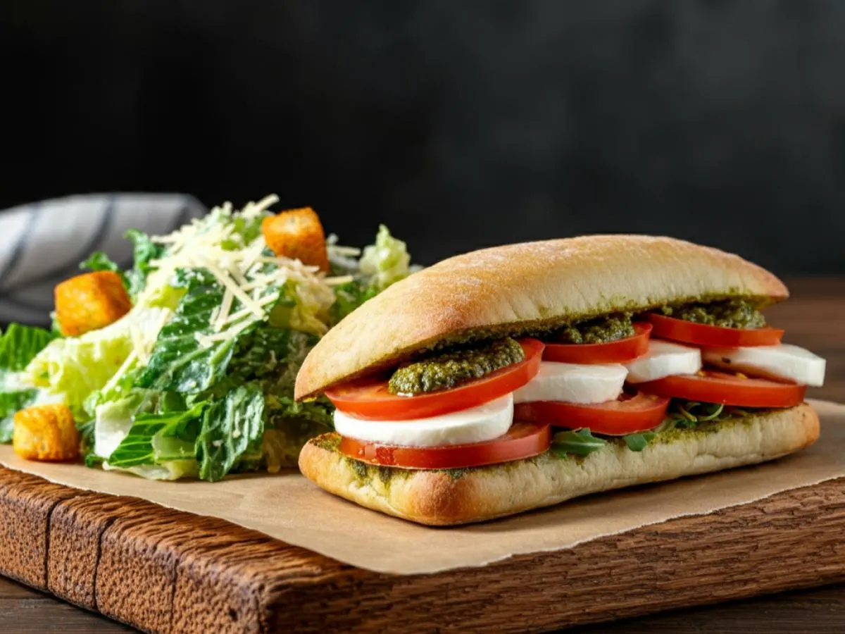 Italian Pesto Caprese Sandwich with Caesar Salad Italian Pesto Caprese Sandwich with Caesar Salad