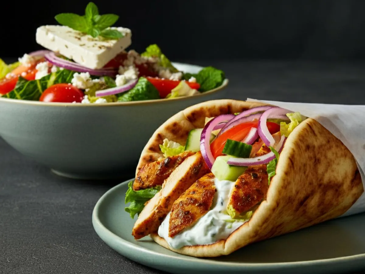 Chicken Gyro Wrap and Greek Salad & Tzatziki Chicken Gyro Wrap and Greek Salad & Tzatziki