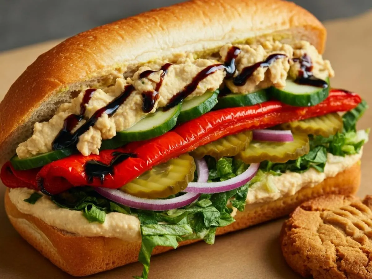 Vegan Sub on White Bread and a Peanut Butter Cookie (No Tomatoes) Vegan Sub on White Bread and a Peanut Butter Cookie (No Tomatoes)