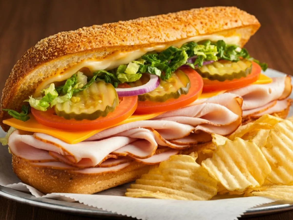 Turkey and Cheddar Sub on Parmesan Bread with Harvest Cheddar Sun Chips Turkey and Cheddar Sub on Parmesan Bread with Harvest Cheddar Sun Chips