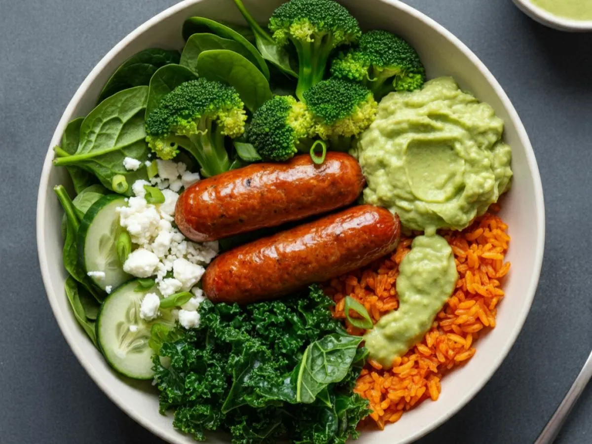 Smoked Sausage | Saffron Rice | Green Goddess Bowl Smoked Sausage | Saffron Rice | Green Goddess Bowl