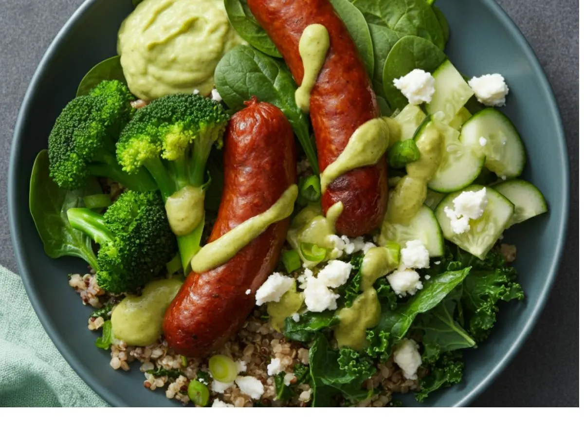 Smoked Sausage | Brown Rice Quinoa Mix | Green Goddess Bowl Smoked Sausage | Brown Rice Quinoa Mix | Green Goddess Bowl