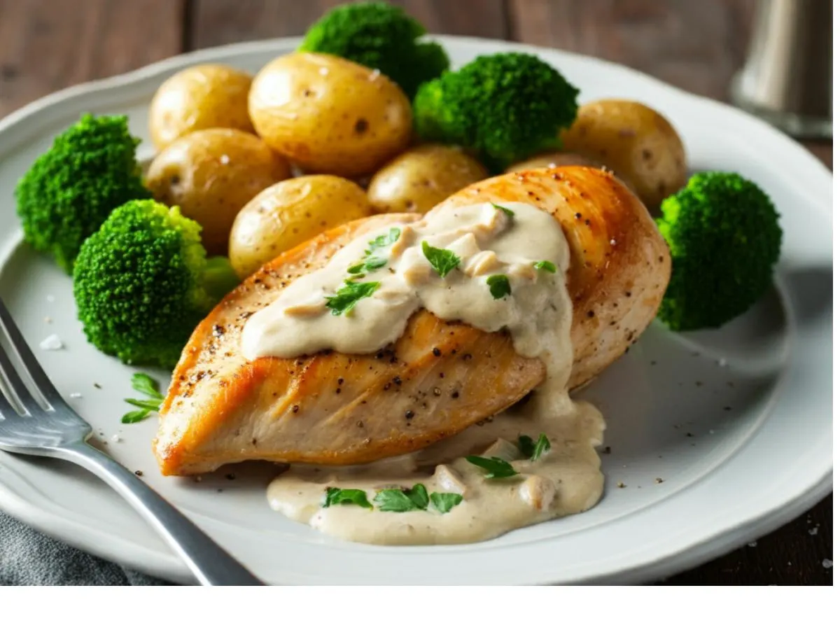 Creamy Garlic-Herb Chicken | New Potatoes | Steamed Broccoli Creamy Garlic-Herb Chicken | New Potatoes | Steamed Broccoli