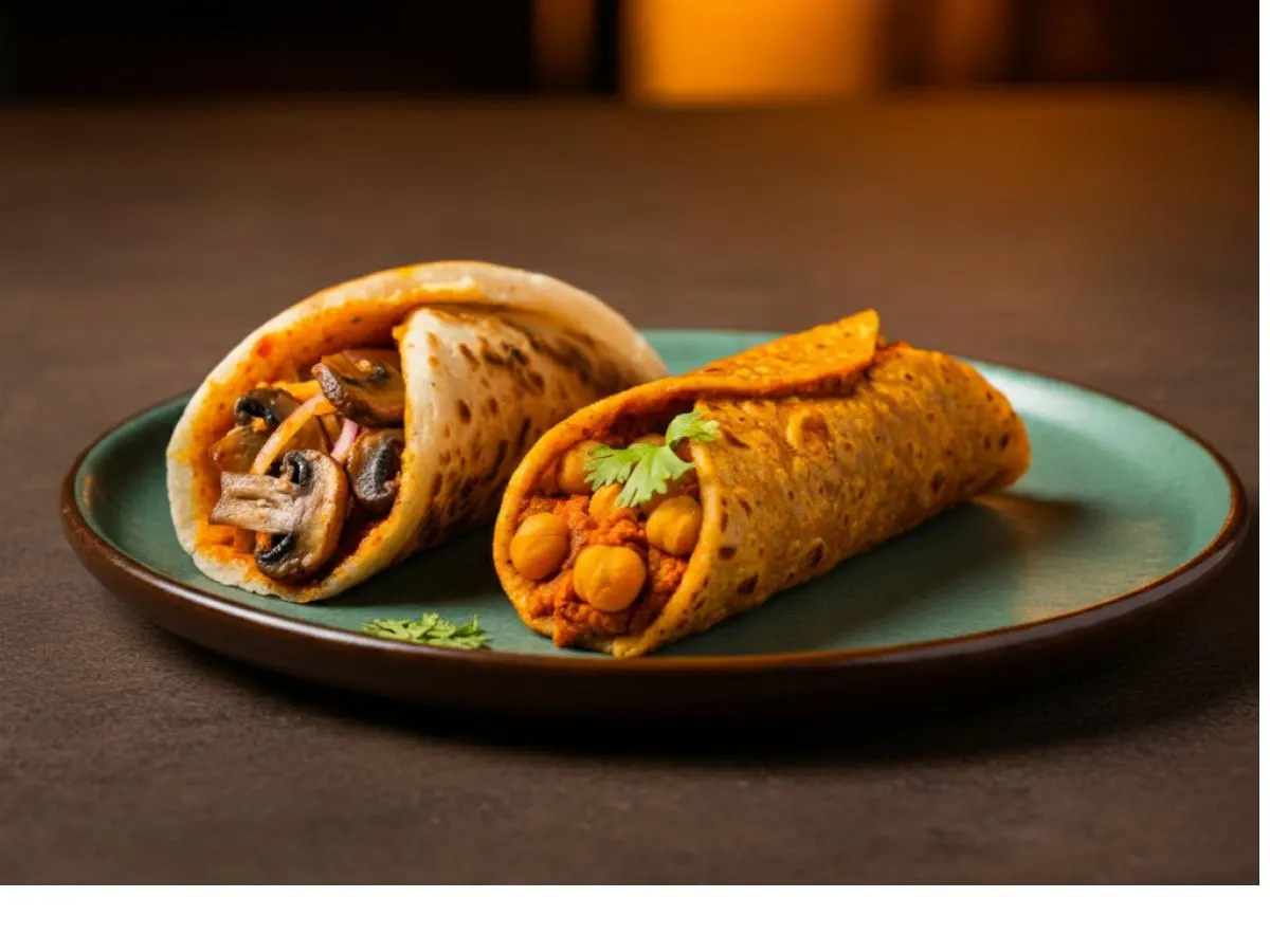 2 Mushroom Masala Rolls, 1 Chana Masala Roll 2 Mushroom Masala Rolls, 1 Chana Masala Roll