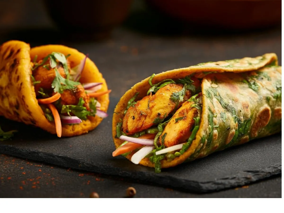 2 Methi Chicken Rolls, 1 Achaari Aaloo Roll 2 Methi Chicken Rolls, 1 Achaari Aaloo Roll