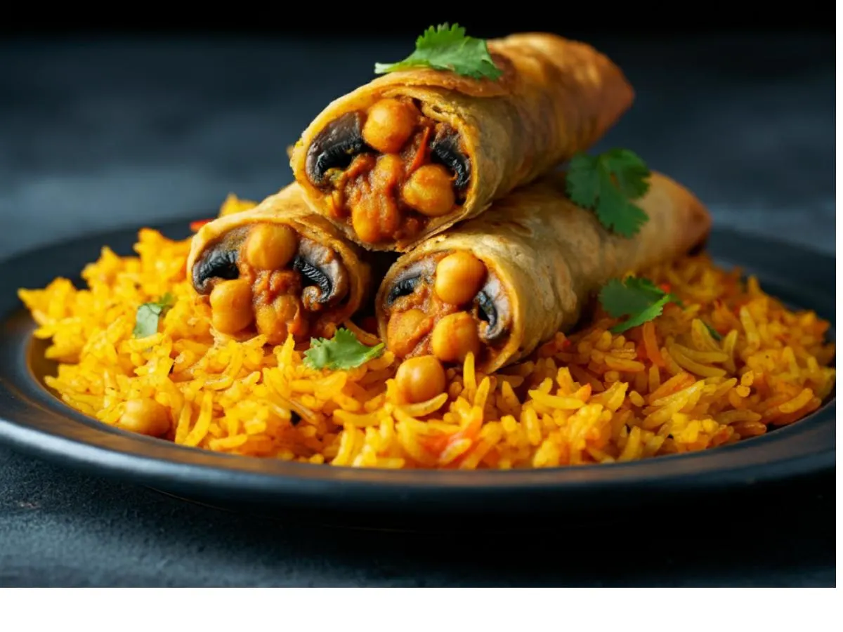 2 Mushroom Masala Rolls with Chana Masala on Rice (Vegan) 2 Mushroom Masala Rolls with Chana Masala on Rice (Vegan)