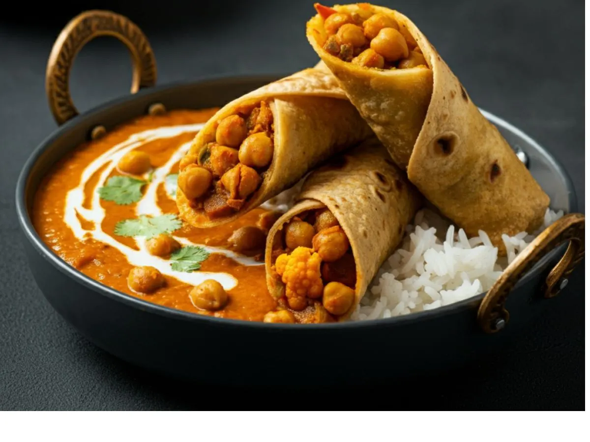 2 Chana Masala Rolls with Aaloo Gobhi Matar on Rice (Vegan) 2 Chana Masala Rolls with Aaloo Gobhi Matar on Rice (Vegan)