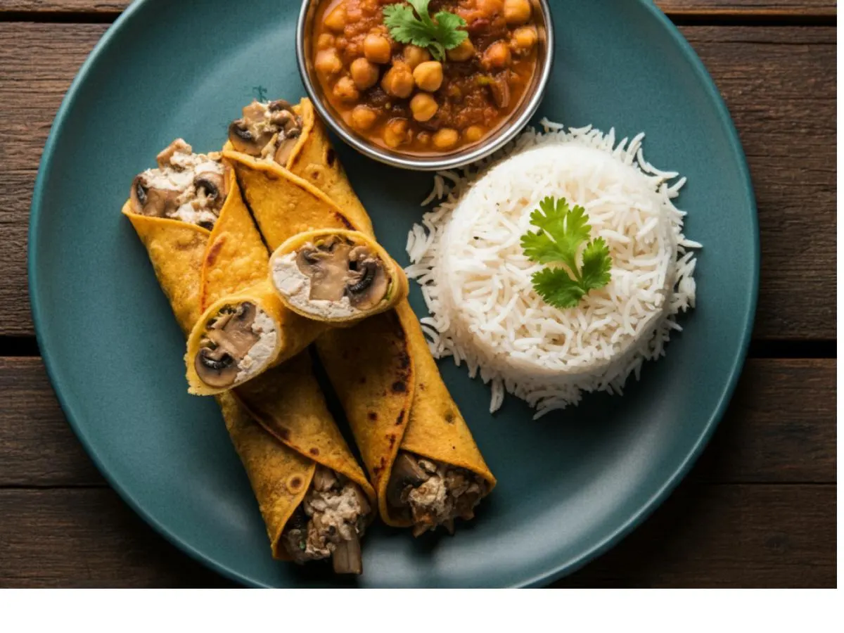 2 Mushroom Masala Rolls with Chana Masala on Rice 2 Mushroom Masala Rolls with Chana Masala on Rice