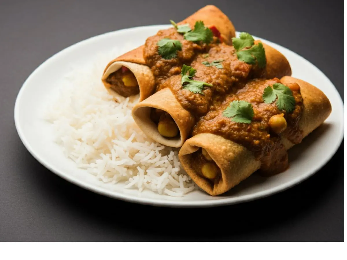 2 Chana Masala Rolls with Aaloo Gobhi Matar on Rice 2 Chana Masala Rolls with Aaloo Gobhi Matar on Rice