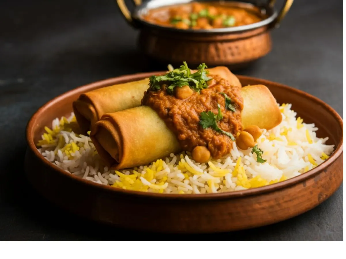 2 Achaari Aaloo Rolls with Chana Masala on Rice 2 Achaari Aaloo Rolls with Chana Masala on Rice