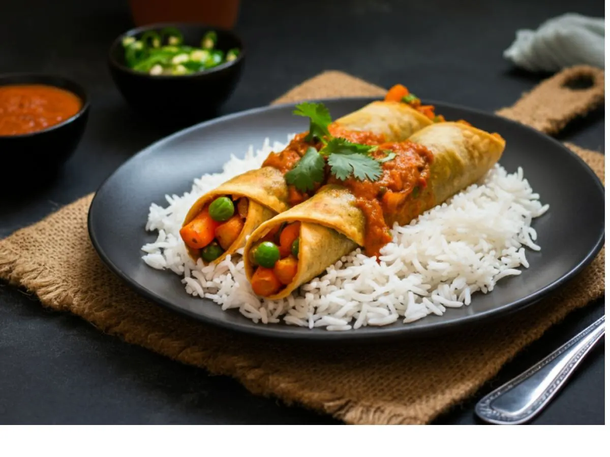 2 Aaloo Gobhi Matar Rolls with Paneer Masala on Rice 2 Aaloo Gobhi Matar Rolls with Paneer Masala on Rice