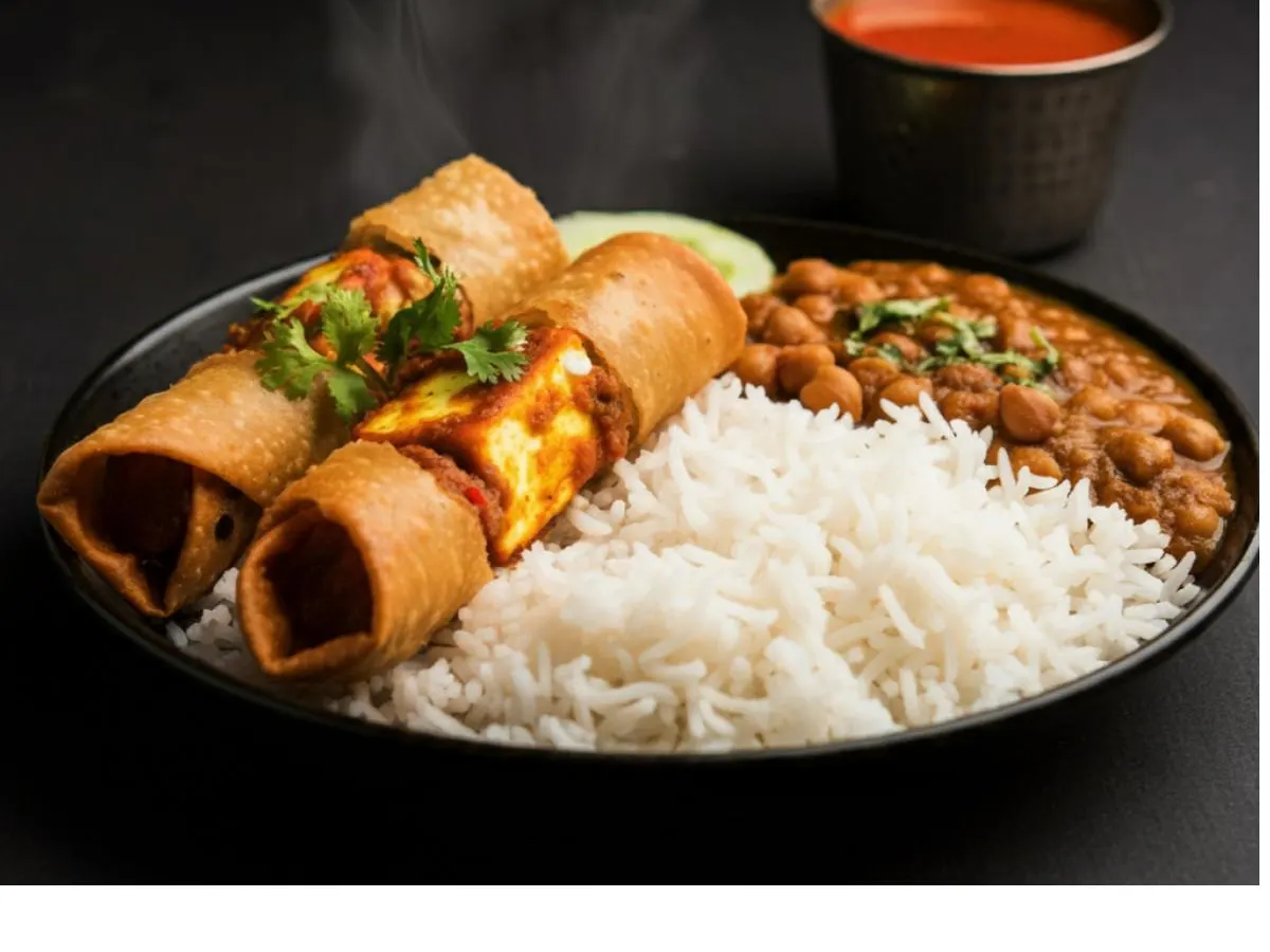 2 Paneer Chilli Rolls with Chana Masala on Rice 2 Paneer Chilli Rolls with Chana Masala on Rice