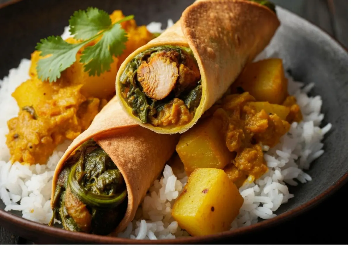 2 Methi Chicken Rolls with Achaari Aaloo on Rice 2 Methi Chicken Rolls with Achaari Aaloo on Rice