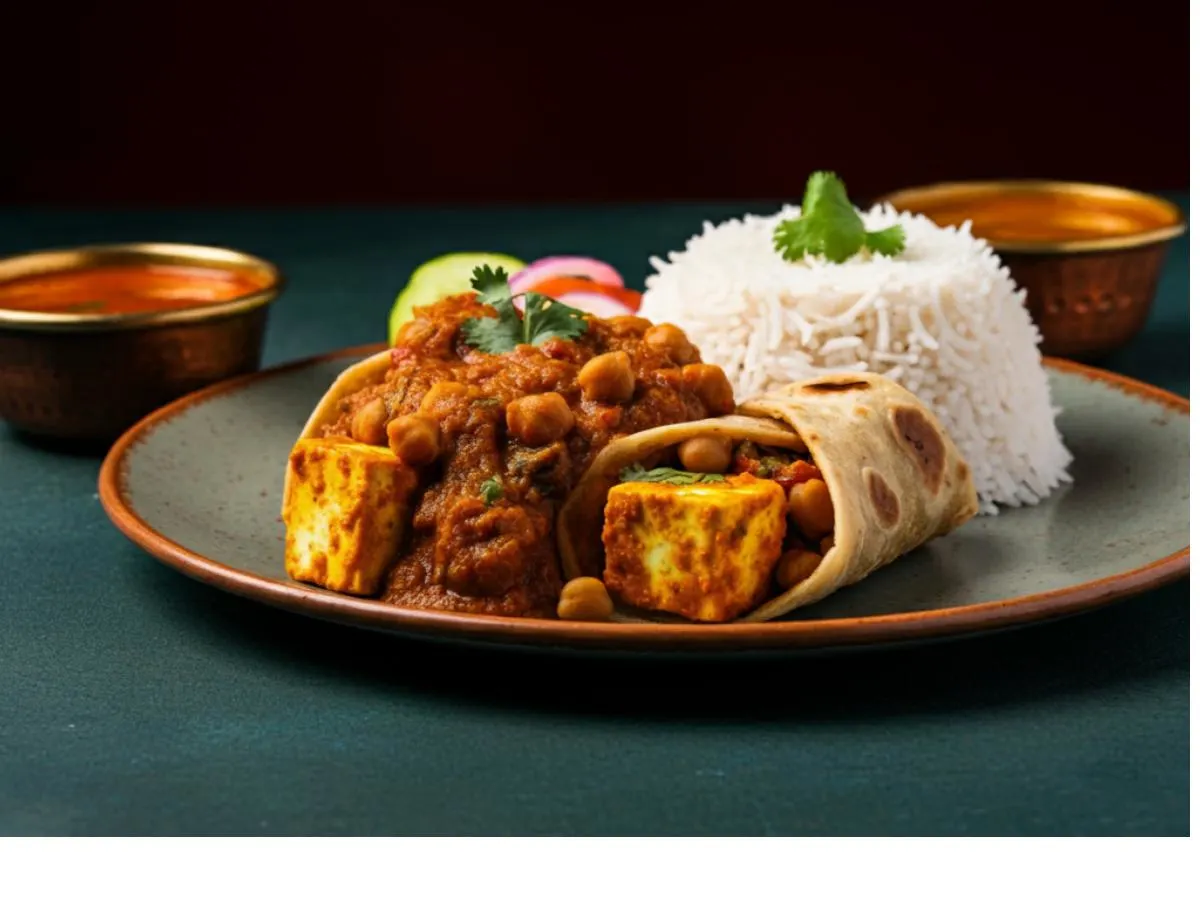 2 Paneer Masala Rolls with Chana Masala on Rice 2 Paneer Masala Rolls with Chana Masala on Rice