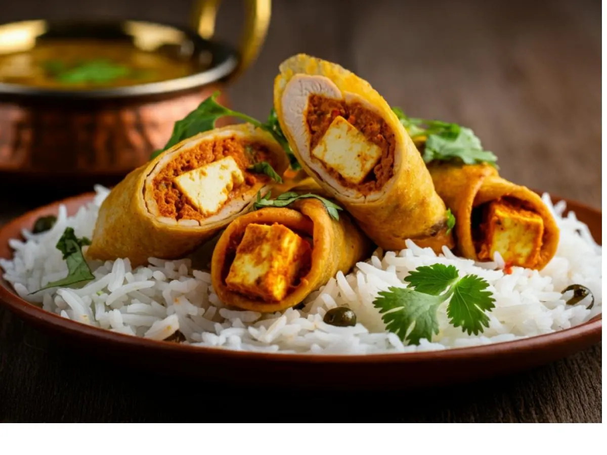 2 Chicken Masala Rolls with Paneer Masala on Rice 2 Chicken Masala Rolls with Paneer Masala on Rice