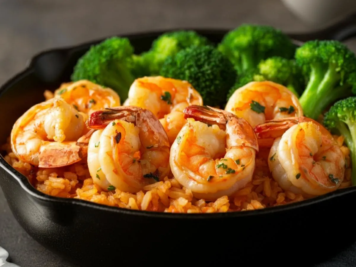 Garlic Shrimp with Spanish Rice and Sauteed Broccoli Garlic Shrimp with Spanish Rice and Sauteed Broccoli