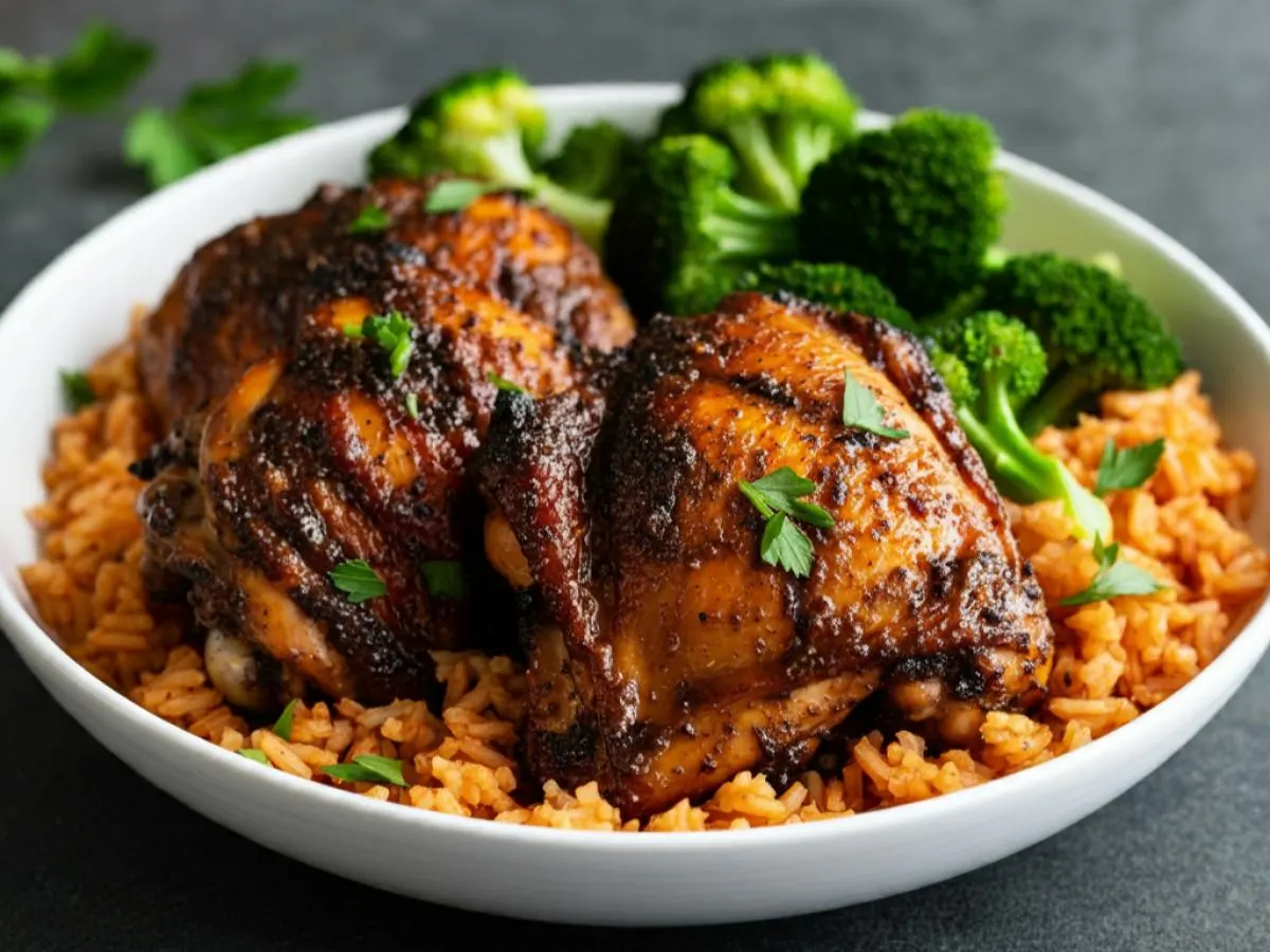 Jerk Chicken with Spanish Rice and Sauteed Broccoli (Spicy!) Jerk Chicken with Spanish Rice and Sauteed Broccoli (Spicy!)