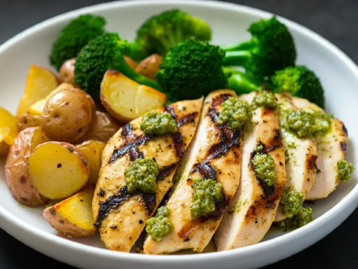Pesto Grilled Chicken with Homestyle Potatoes and Sauteed Broccoli Pesto Grilled Chicken with Homestyle Potatoes and Sauteed Broccoli