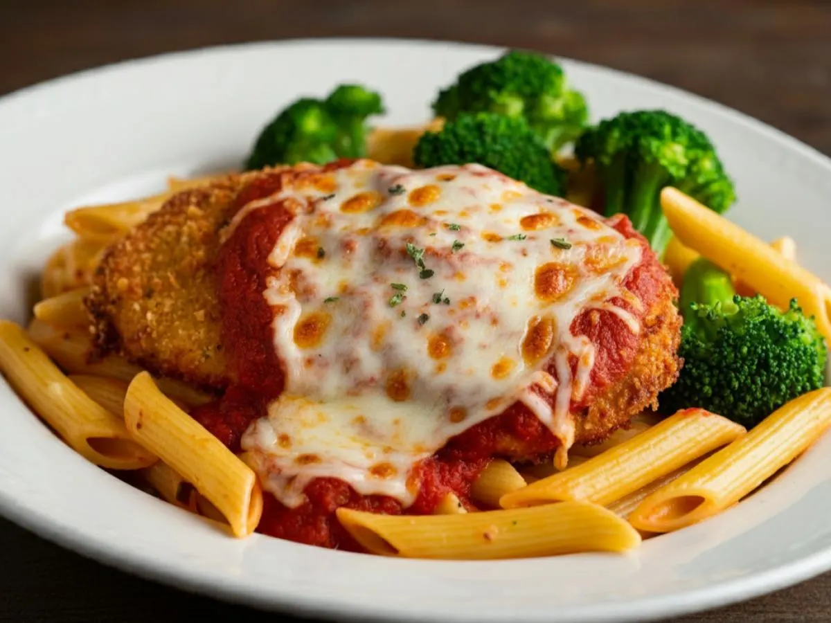 Chicken Parmesan with Penne a La Vodka and Sauteed Broccoli Chicken Parmesan with Penne a La Vodka and Sauteed Broccoli
