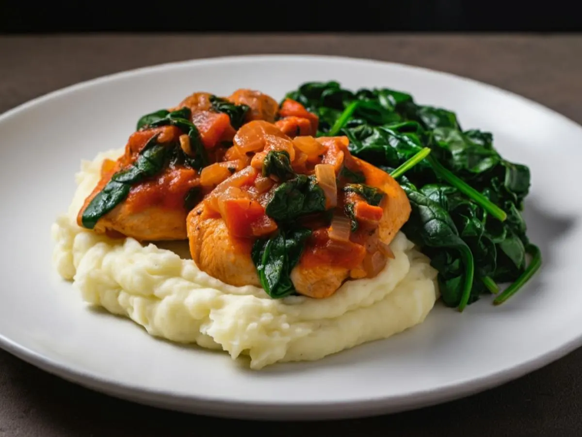 Chicken Cacciatore with Mashed Potatoes and Sauteed Spinach Chicken Cacciatore with Mashed Potatoes and Sauteed Spinach