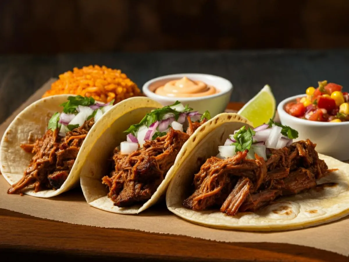 3 Smoked Pulled Pork Corn Tortilla Tacos with Mexican Rice, Spicy Corn Salsa, and Chipotle Mayo 3 Smoked Pulled Pork Corn Tortilla Tacos with Mexican Rice, Spicy Corn Salsa, and Chipotle Mayo