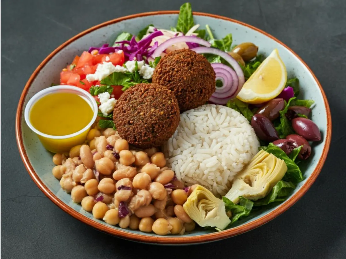 Garbanzo Beans-White Basmati Rice | Zest Feta | Falafel | Lemon + Olive Oil