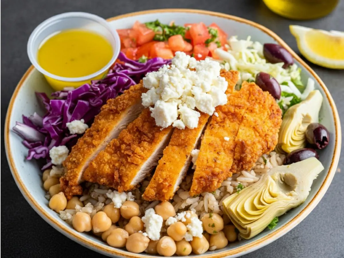 Garbanzo Beans-White Basmati Rice | Zest Feta | Crispy Chicken | Lemon + Olive Oil