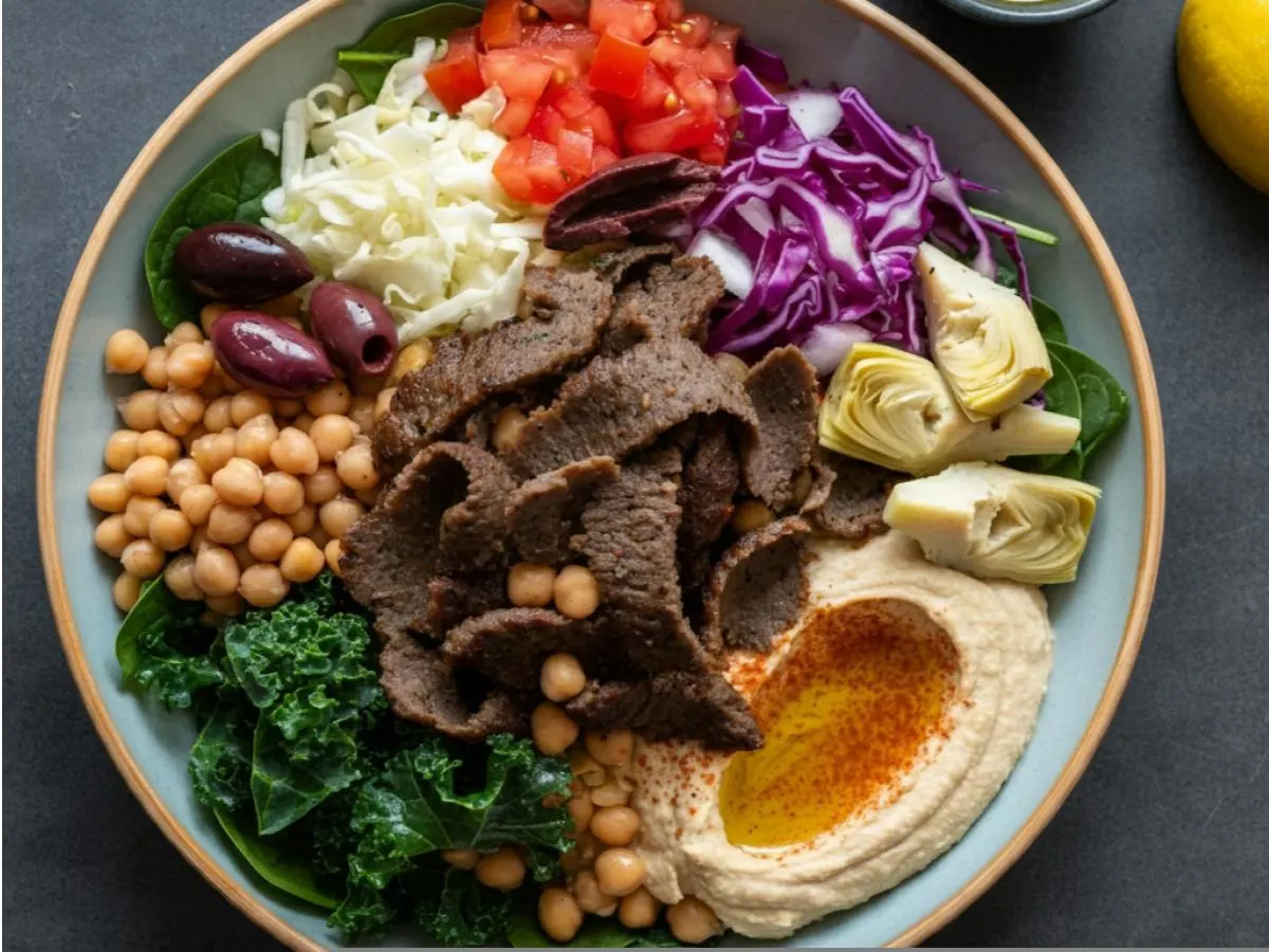 Kale-Garbanzo Beans-Spinach | Traditional Hummus | Beef and Lamb Gyro | Lemon + Olive Oil