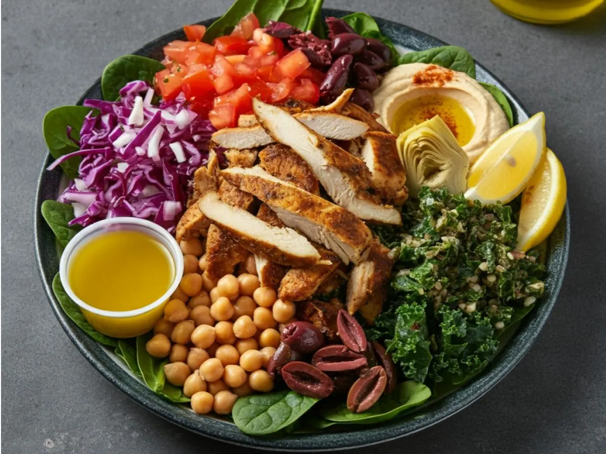 Kale-Garbanzo Beans-Spinach | Traditional Hummus | Chicken Shawarma | Lemon + Olive Oil