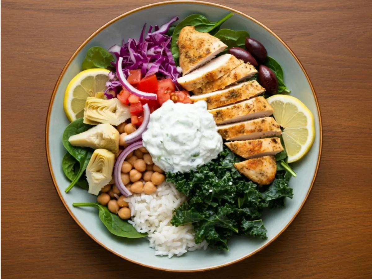 Kale-Garbanzo Beans-Spinach | Tzatziki | Lemon Chicken | Lemon + Olive Oil