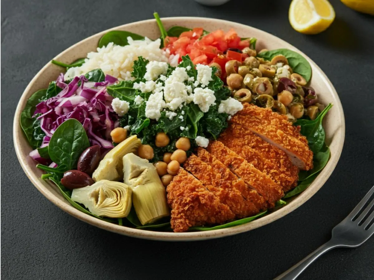 Kale-Garbanzo Beans-Spinach | Zesty Feta | Crispy Chicken | Lemon + Olive Oil