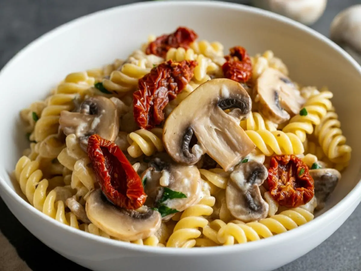 Fusilli Alfredo with Sundried Tomatoes and Mushrooms