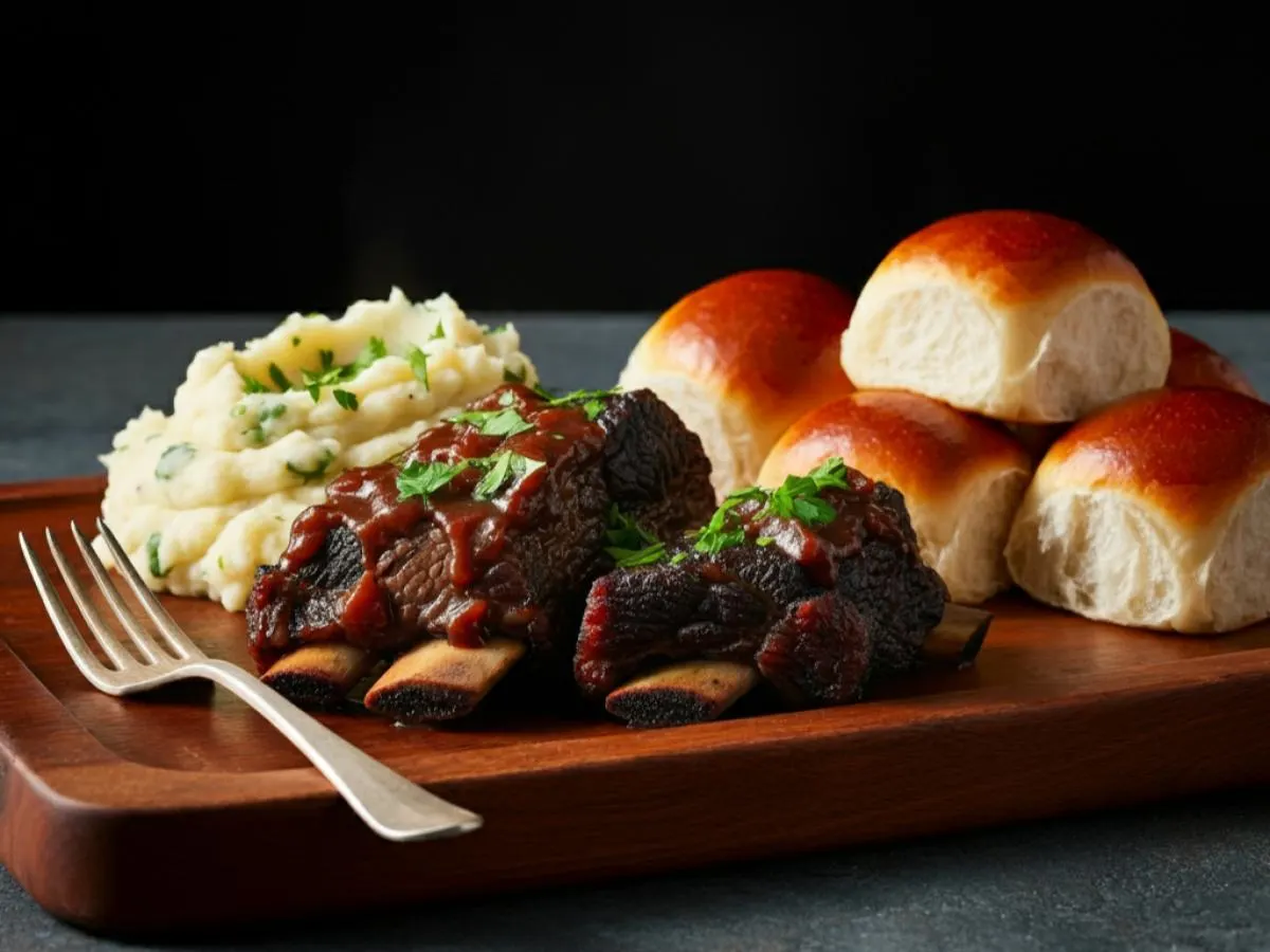 Red Wine Braised Short Ribs, Mashed Potatoes and Dinner Rolls