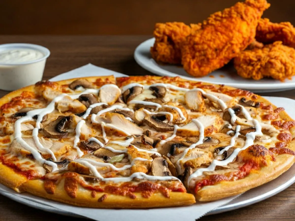 Personal Chicken & Garlic Gourmet Pizza (No Tomatoe), Boneless Mild Buffalo Wing Personal Chicken & Garlic Gourmet Pizza (No Tomatoe), Boneless Mild Buffalo Wing