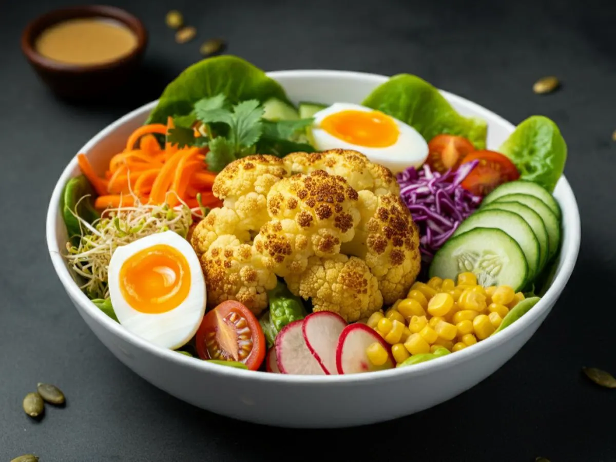 Roasted Cauliflower & Hard Boiled Egg with Spring Mix & Soy Ginger Dressing Roasted Cauliflower & Hard Boiled Egg with Spring Mix & Soy Ginger Dressing