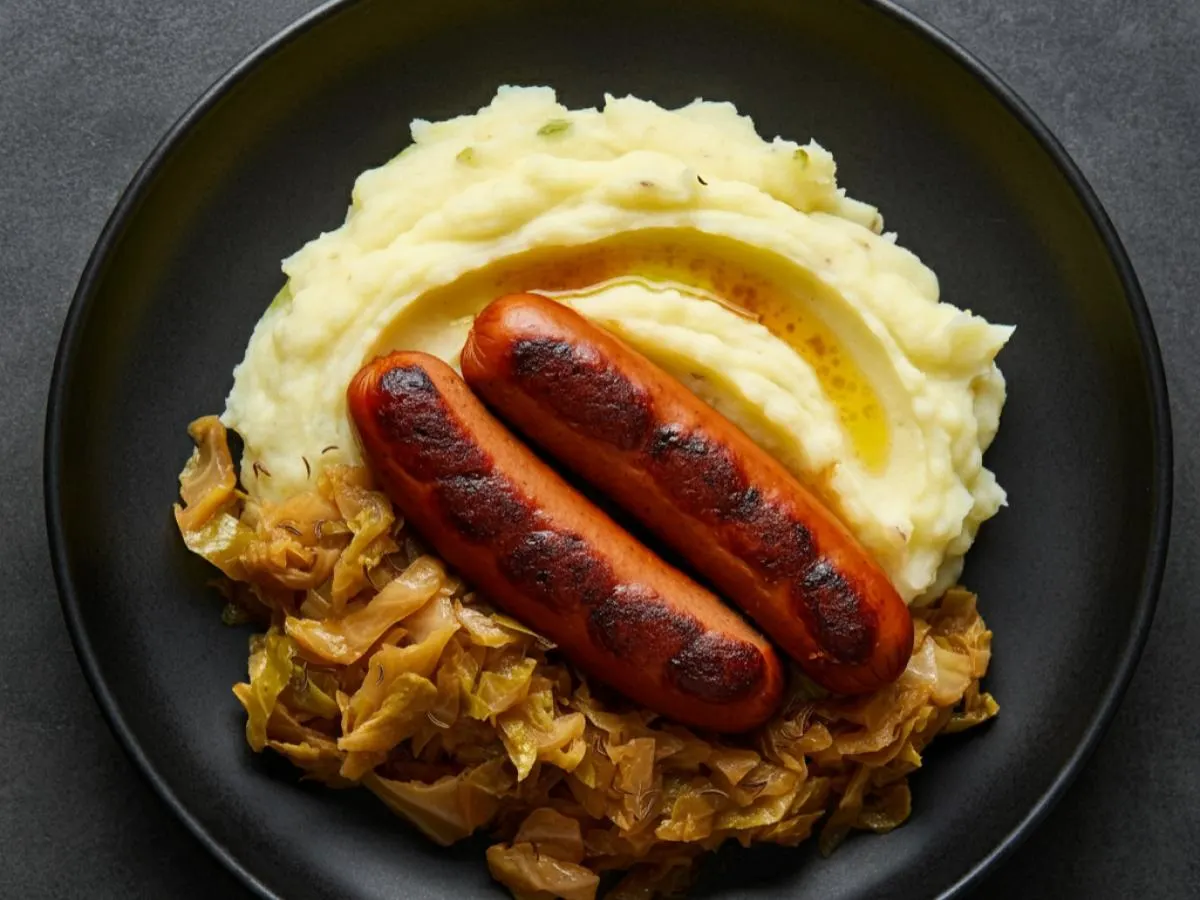 Beer Braised Plant-based "Bratwurst" with Braised Cabbage and Brown Butter Mashed Potatoes Beer Braised Plant-based "Bratwurst" with Braised Cabbage and Brown Butter Mashed Potatoes