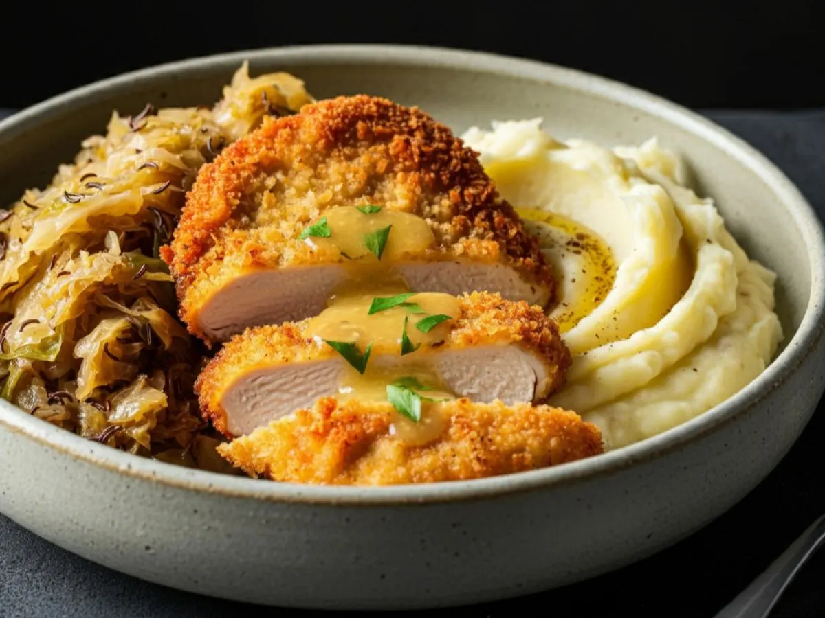 Chicken Schnitzel with Braised Cabbage and Brown Butter Mashed Potatoes Chicken Schnitzel with Braised Cabbage and Brown Butter Mashed Potatoes