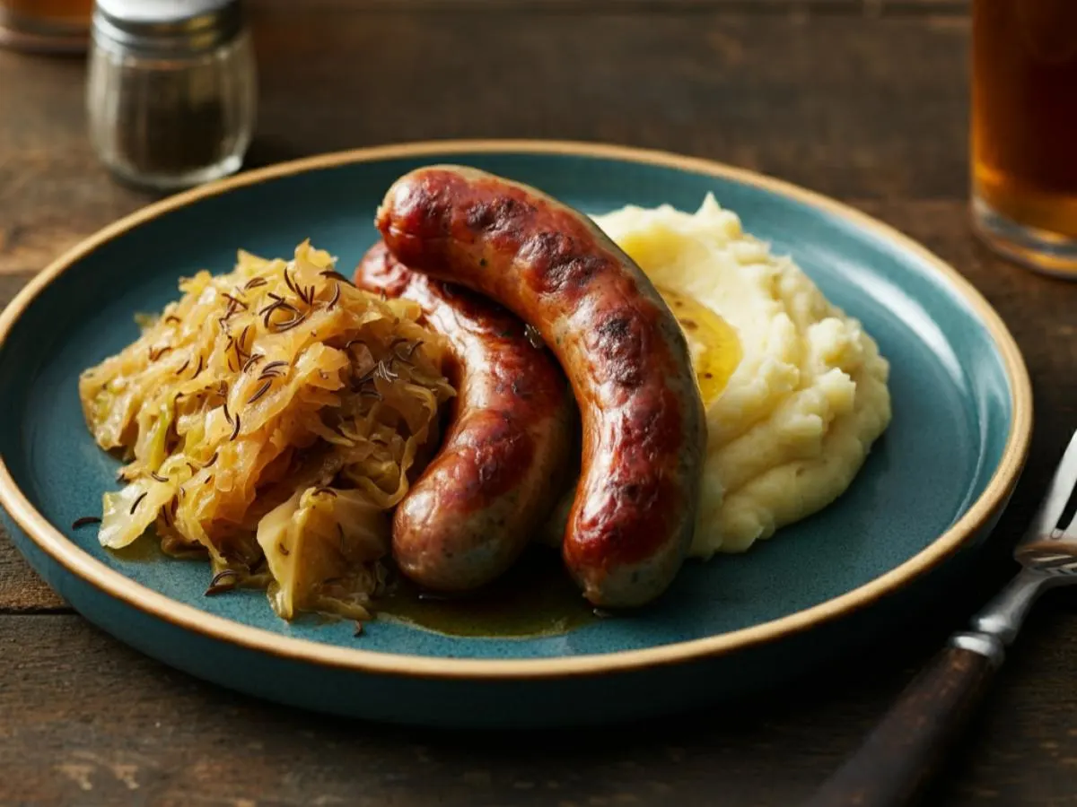 Beer Braised Bratwurst with Braised Cabbage and Brown Butter Mashed Potatoes Beer Braised Bratwurst with Braised Cabbage and Brown Butter Mashed Potatoes