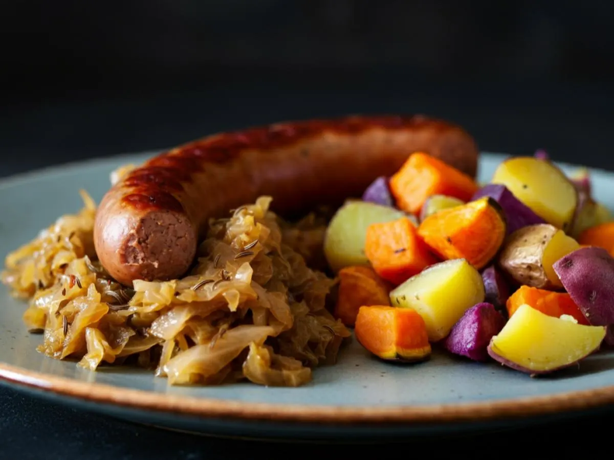 Beer Braised Plant-based "Bratwurst" with Vegan Braised Cabbage and Vegan Potato Hash Beer Braised Plant-based "Bratwurst" with Vegan Braised Cabbage and Vegan Potato Hash